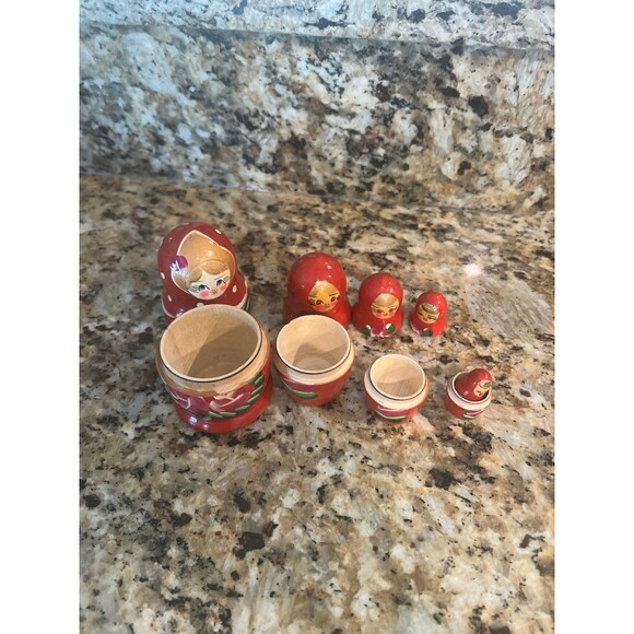 Handpainted Russian Matryoshka Dolls 5 Nesting Red with Flowers 4” - Picture 2 of 4
